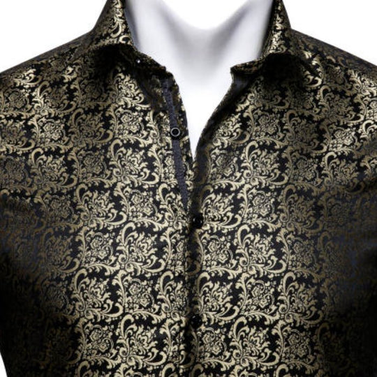SimonVon New Fashionable Black Golden Silk Floral Long Sleeve Men's Shirt CY-0065 - SimonVon Shop