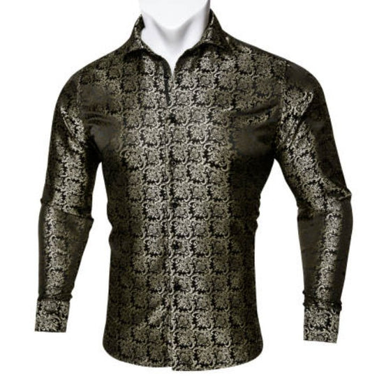 SimonVon New Fashionable Black Golden Silk Floral Long Sleeve Men's Shirt CY-0065 - SimonVon Shop