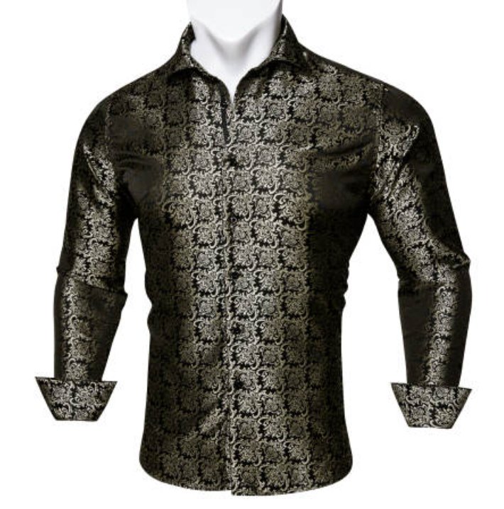 SimonVon New Fashionable Black Golden Silk Floral Long Sleeve Men's Shirt CY-0065 - SimonVon Shop