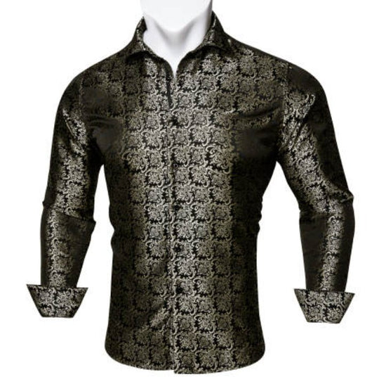SimonVon New Fashionable Black Golden Silk Floral Long Sleeve Men's Shirt CY-0065 - SimonVon Shop