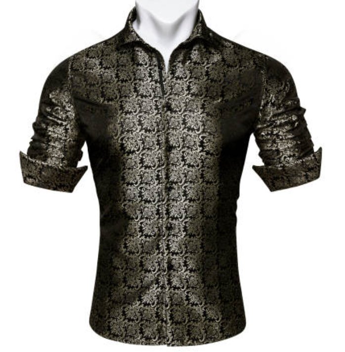 SimonVon New Fashionable Black Golden Silk Floral Long Sleeve Men's Shirt CY-0065 - SimonVon Shop