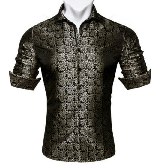 SimonVon New Fashionable Black Golden Silk Floral Long Sleeve Men's Shirt CY-0065 - SimonVon Shop