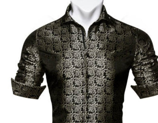 SimonVon New Fashionable Black Golden Silk Floral Long Sleeve Men's Shirt CY-0065 - SimonVon Shop