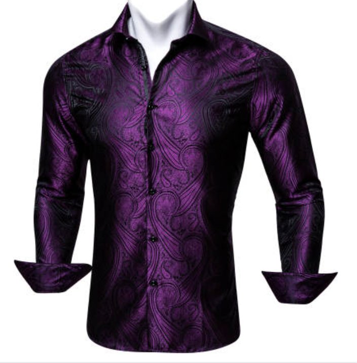 SimonVon New Purple Silk Paisley Tribal Long Sleeve Daily Slim-fit Men's Shirt CY-0037 - SimonVon Shop