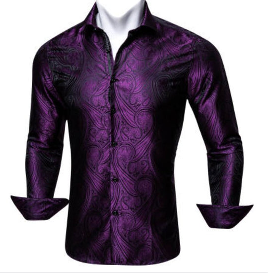 SimonVon New Purple Silk Paisley Tribal Long Sleeve Daily Slim-fit Men's Shirt CY-0037 - SimonVon Shop