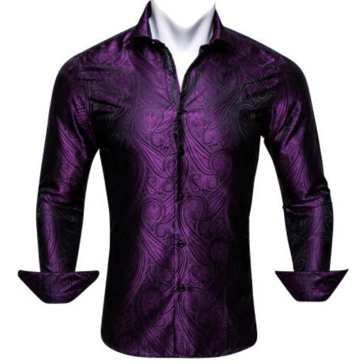 SimonVon New Purple Silk Paisley Tribal Long Sleeve Daily Slim-fit Men's Shirt CY-0037 - SimonVon Shop