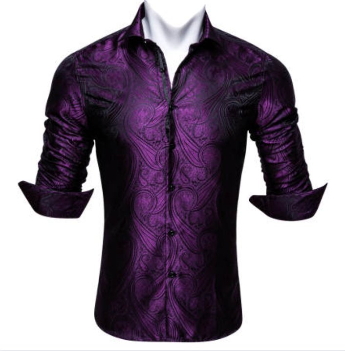 SimonVon New Purple Silk Paisley Tribal Long Sleeve Daily Slim-fit Men's Shirt CY-0037 - SimonVon Shop