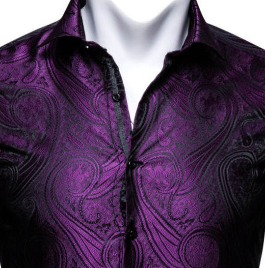 SimonVon New Purple Silk Paisley Tribal Long Sleeve Daily Slim-fit Men's Shirt CY-0037 - SimonVon Shop