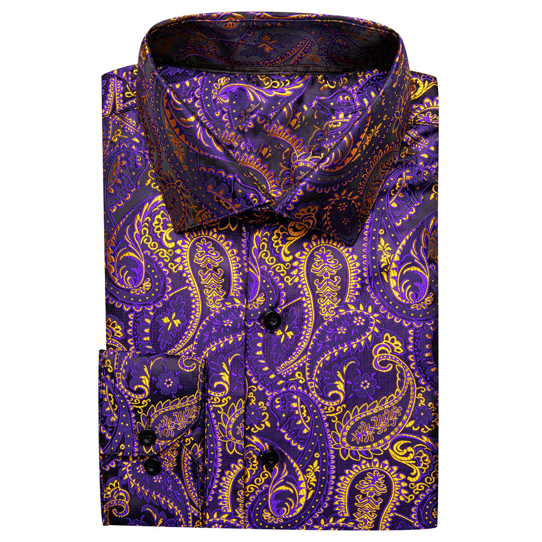 Simon.Von Purple Gold Paisley Silk Men's Shirt- CY-0458 - SimonVon Shop