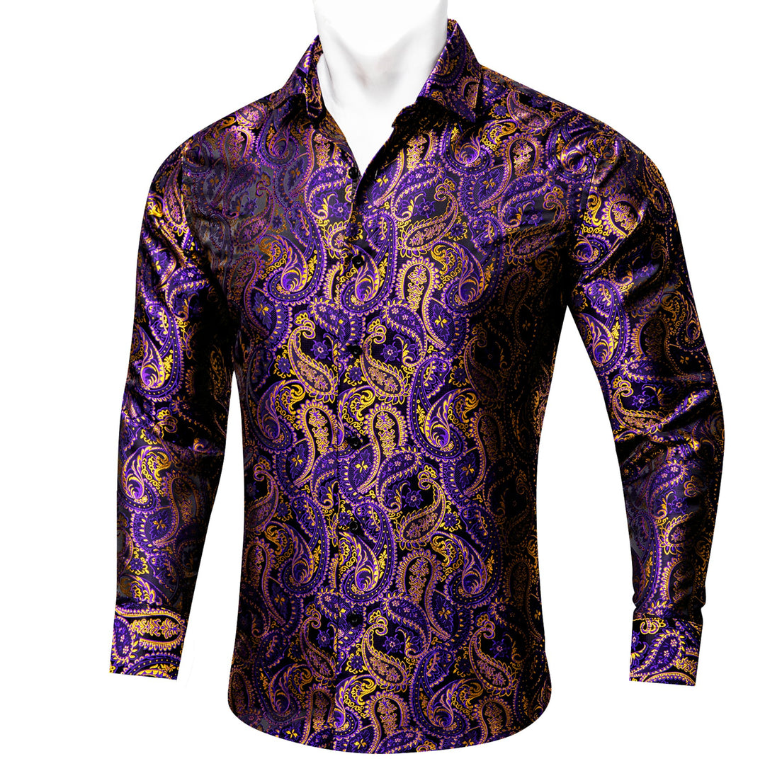 Simon.Von Purple Gold Paisley Silk Men's Shirt- CY-0458 - SimonVon Shop