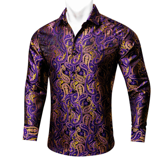 Simon.Von Purple Gold Paisley Silk Men's Shirt- CY-0458 - SimonVon Shop