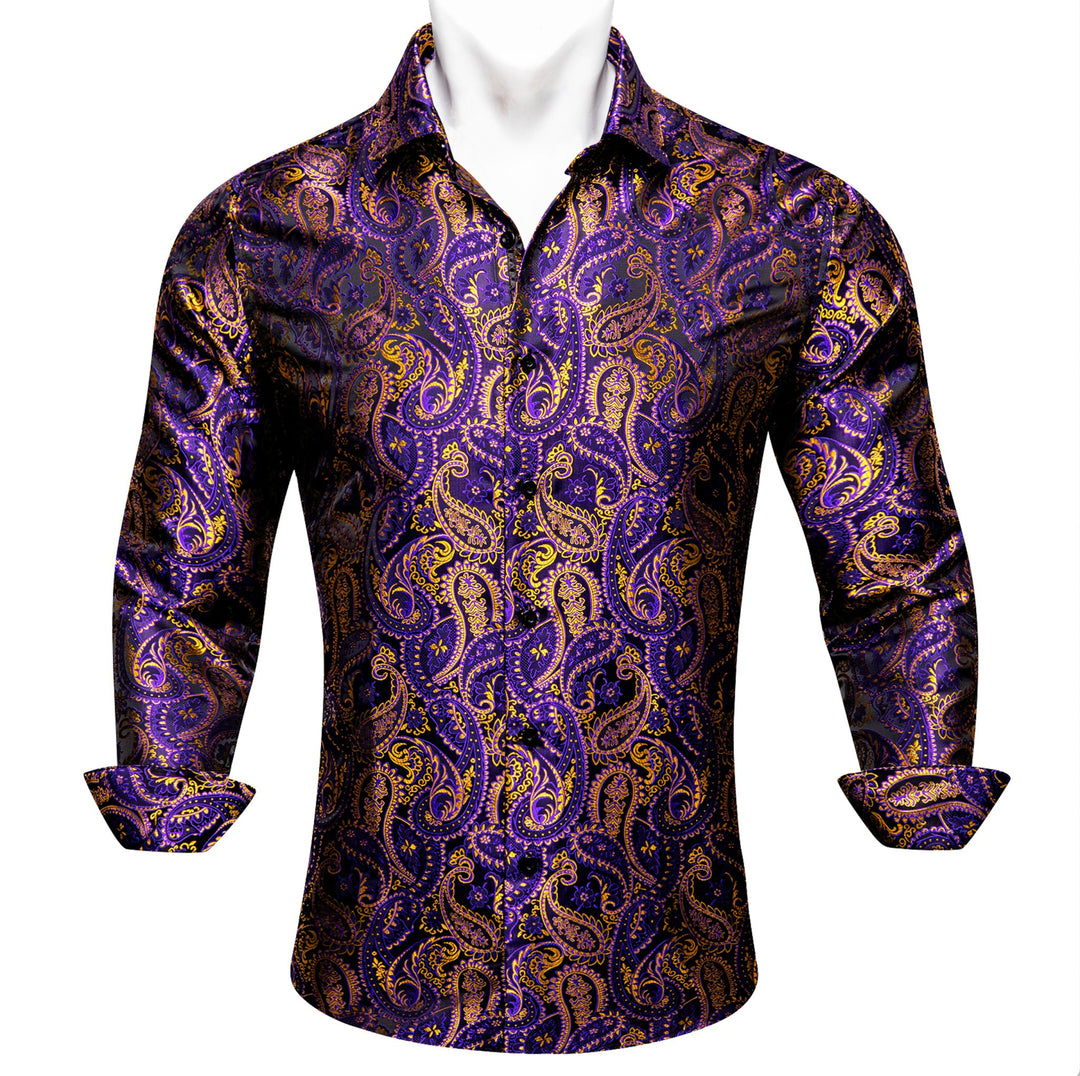Simon.Von Purple Gold Paisley Silk Men's Shirt- CY-0458 - SimonVon Shop