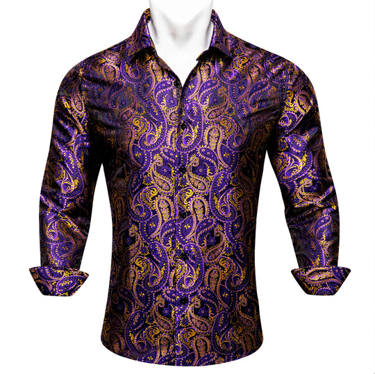 Simon.Von Purple Gold Paisley Silk Men's Shirt- CY-0458 - SimonVon Shop