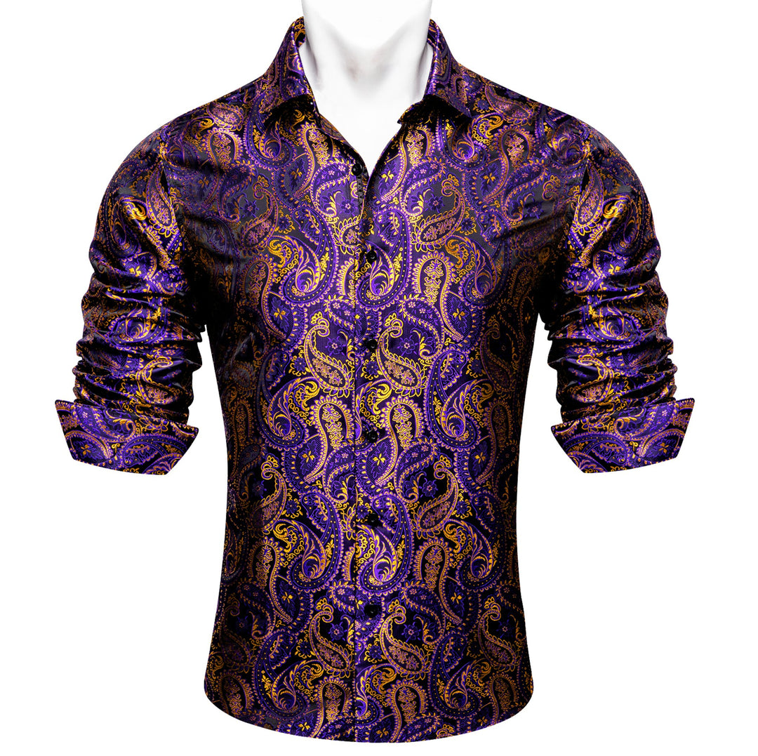 Simon.Von Purple Gold Paisley Silk Men's Shirt- CY-0458 - SimonVon Shop