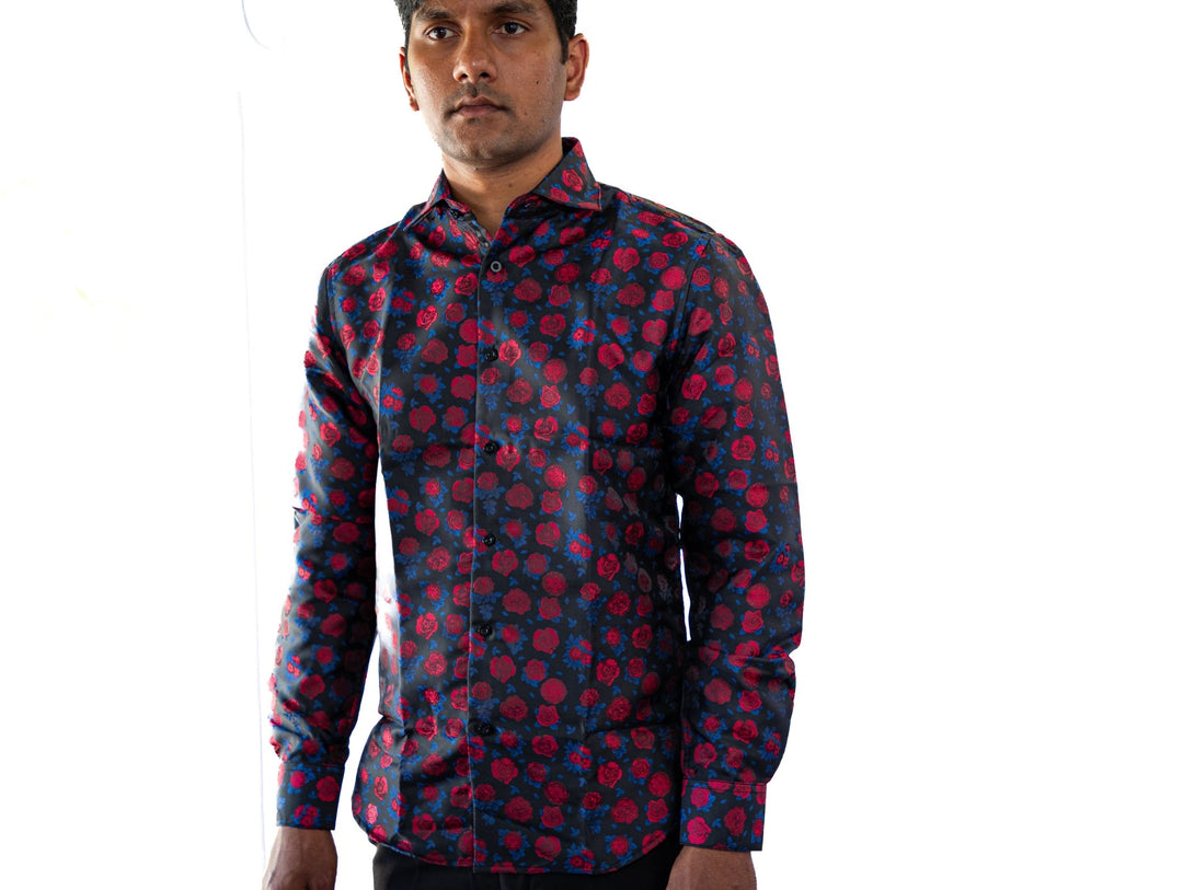 SIMON.VON RED BLUE FLORAL SILK MEN'S SHIRT- CY-2015 - SimonVon Shop