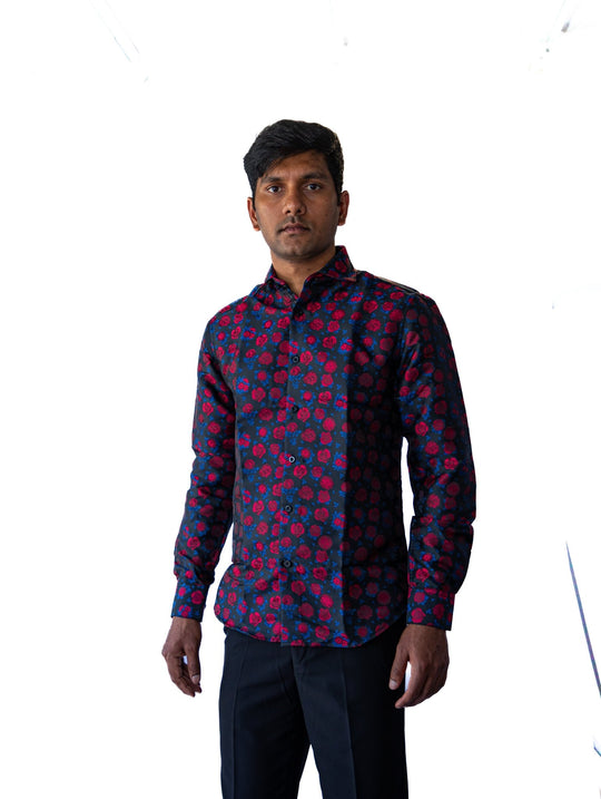 SIMON.VON RED BLUE FLORAL SILK MEN'S SHIRT- CY-2015 - SimonVon Shop