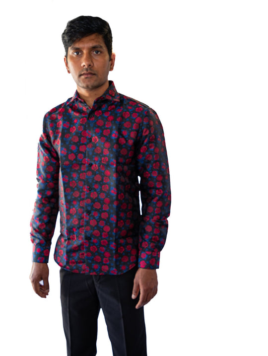 SIMON.VON RED BLUE FLORAL SILK MEN'S SHIRT- CY-2015 - SimonVon Shop