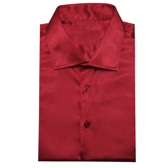 Simon.Von Red Solid Silk Men's Long Sleeve Shirt- CY-0520 - SimonVon Shop