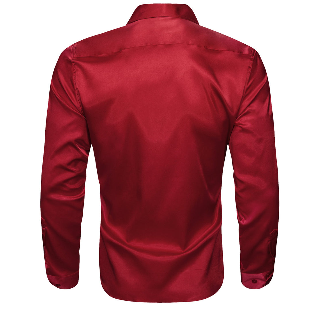 Simon.Von Red Solid Silk Men's Long Sleeve Shirt- CY-0520 - SimonVon Shop