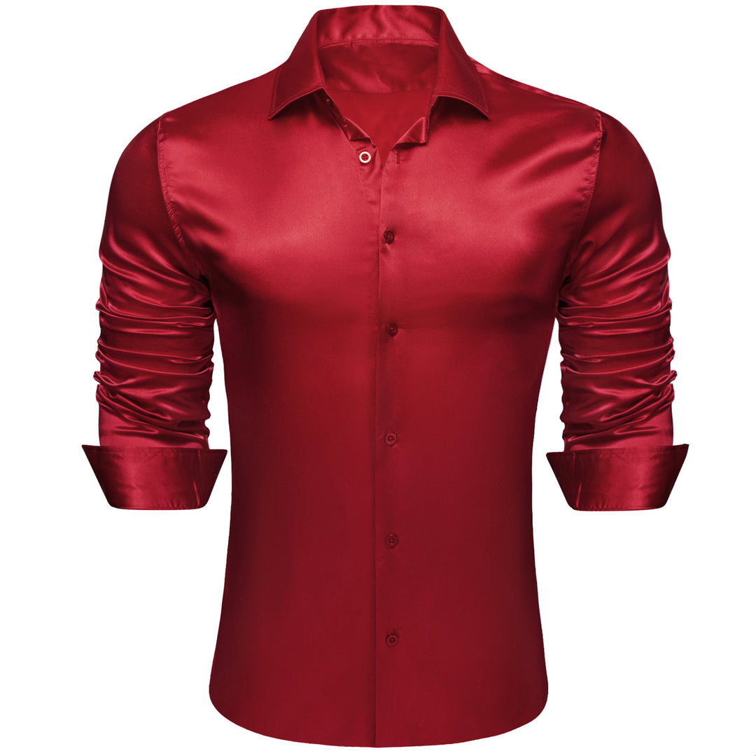 Simon.Von Red Solid Silk Men's Long Sleeve Shirt- CY-0520 - SimonVon Shop