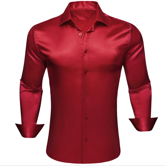 Simon.Von Red Solid Silk Men's Long Sleeve Shirt- CY-0520 - SimonVon Shop