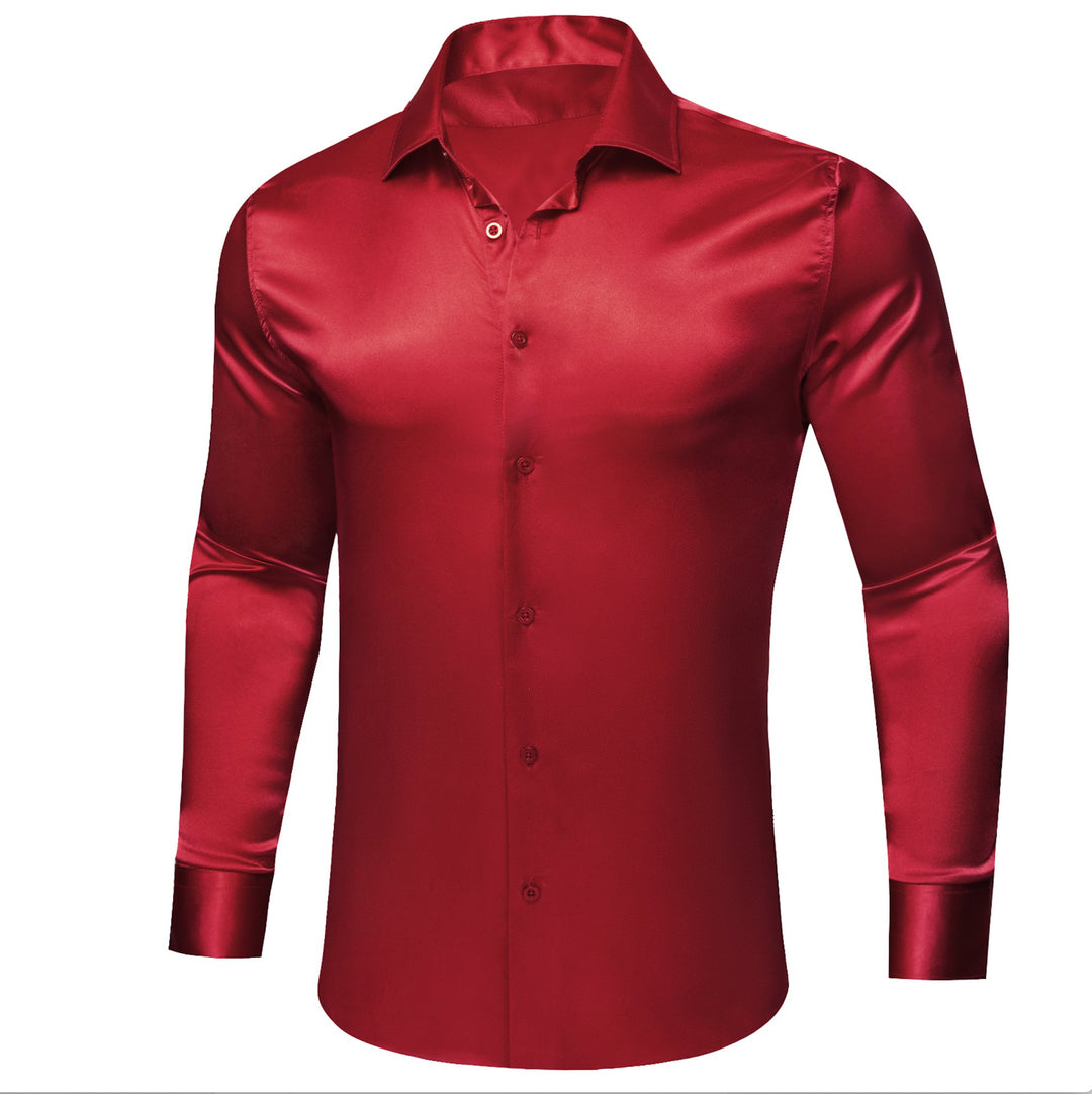Simon.Von Red Solid Silk Men's Long Sleeve Shirt- CY-0520 - SimonVon Shop