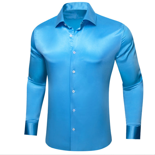 Simon.Von Sky Blue Solid Silk Men's Long Sleeve Shirt- CY=518 - SimonVon Shop