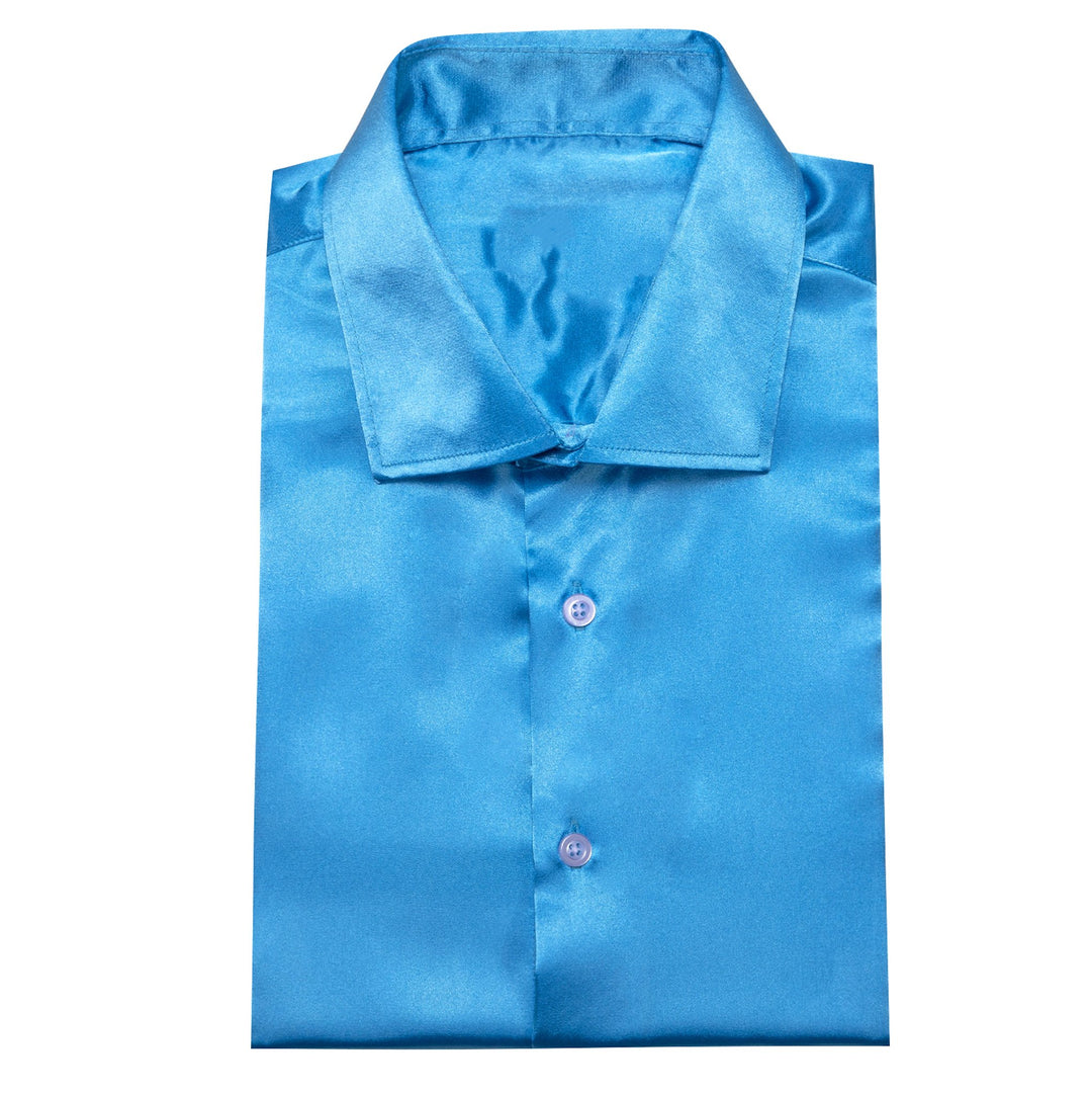 Simon.Von Sky Blue Solid Silk Men's Long Sleeve Shirt- CY=518 - SimonVon Shop