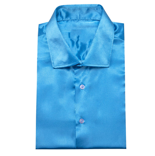 Simon.Von Sky Blue Solid Silk Men's Long Sleeve Shirt- CY=518 - SimonVon Shop