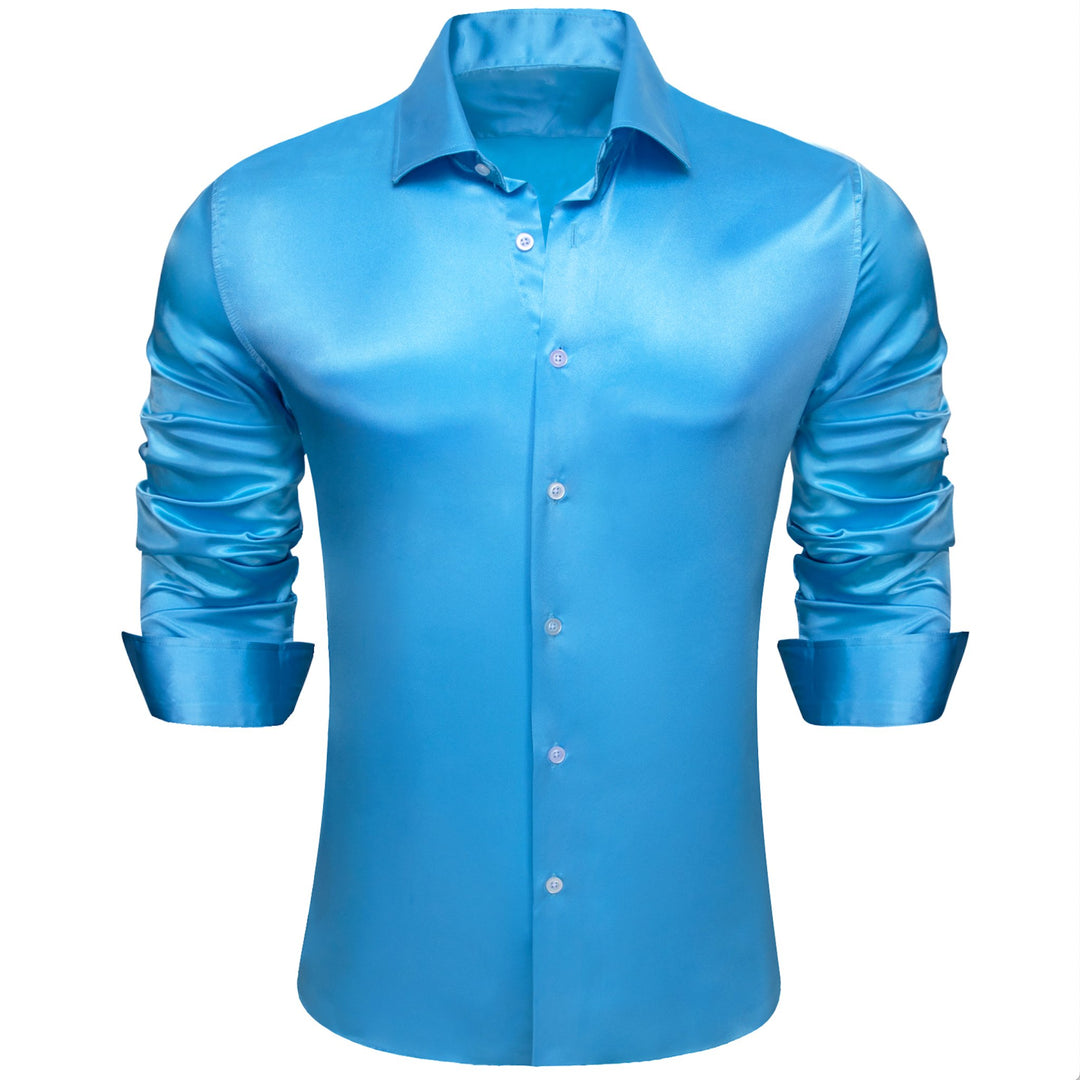 Simon.Von Sky Blue Solid Silk Men's Long Sleeve Shirt- CY=518 - SimonVon Shop