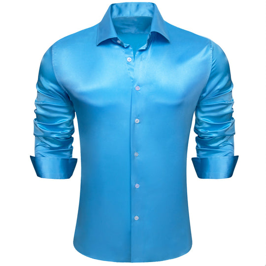 Simon.Von Sky Blue Solid Silk Men's Long Sleeve Shirt- CY=518 - SimonVon Shop
