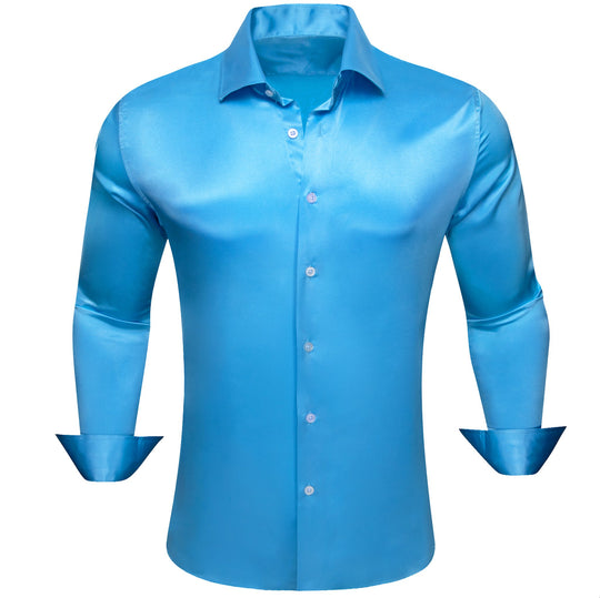 Simon.Von Sky Blue Solid Silk Men's Long Sleeve Shirt- CY=518 - SimonVon Shop