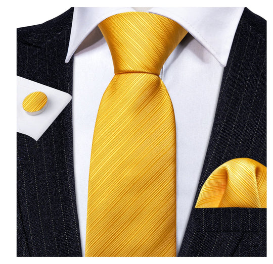 Simon.Von Yellow Tie Striped Silk Tie Hanky Cufflinks Set - N5091 - SimonVon Shop
