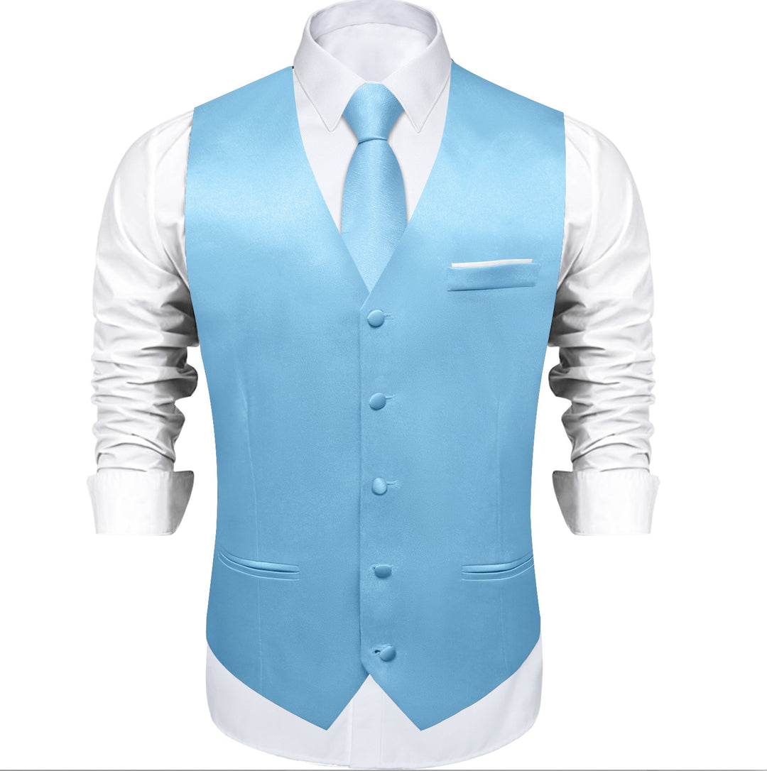 Sky Blue Solid Satin Waistcoat Vest Tie Handkerchief Cufflinks Set- MJ-0644 - SimonVon Shop