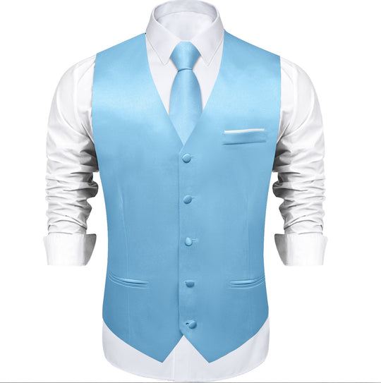 Sky Blue Solid Satin Waistcoat Vest Tie Handkerchief Cufflinks Set- MJ-0644 - SimonVon Shop