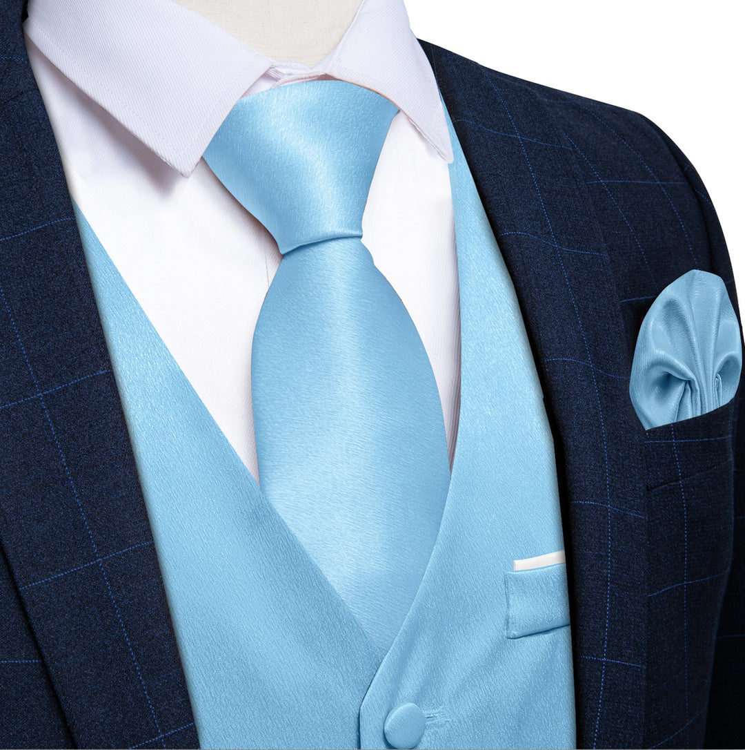 Sky Blue Solid Satin Waistcoat Vest Tie Handkerchief Cufflinks Set- MJ-0644 - SimonVon Shop