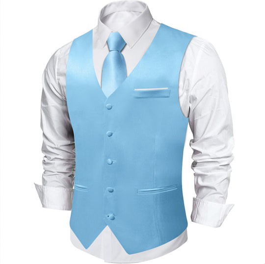 Sky Blue Solid Satin Waistcoat Vest Tie Handkerchief Cufflinks Set- MJ-0644 - SimonVon Shop