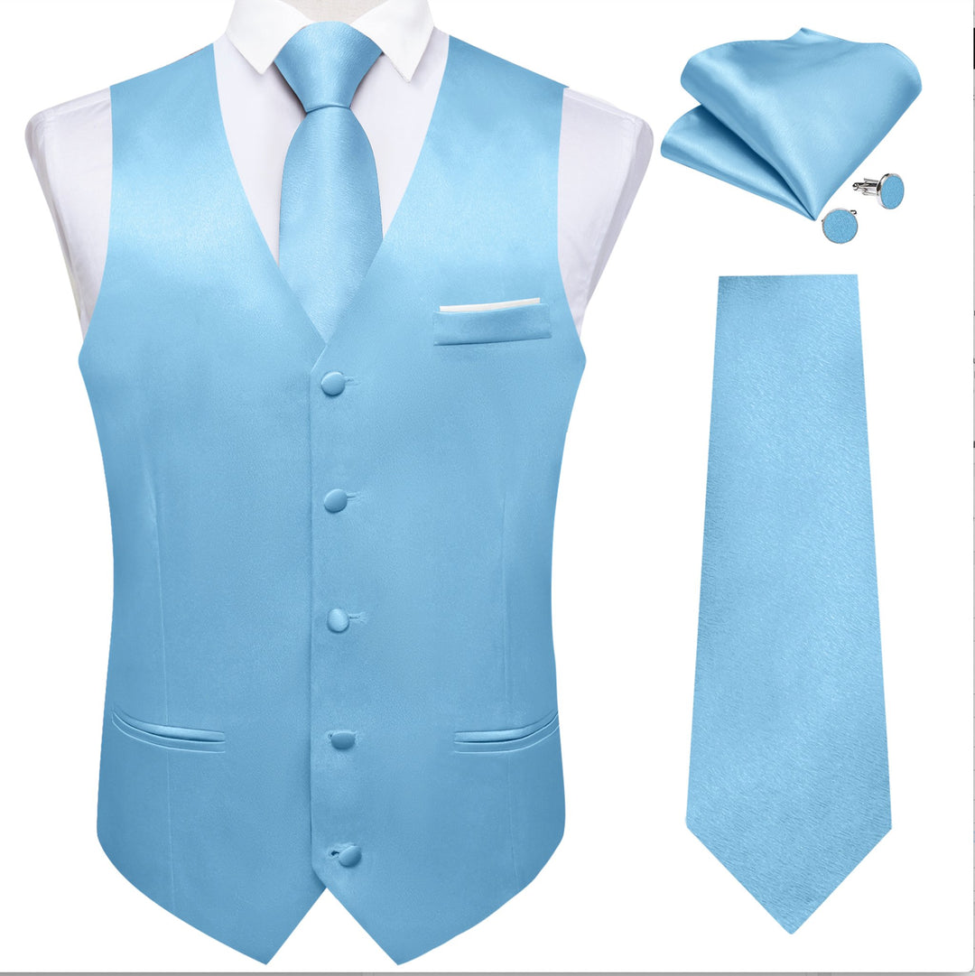 Sky Blue Solid Satin Waistcoat Vest Tie Handkerchief Cufflinks Set- MJ-0644 - SimonVon Shop
