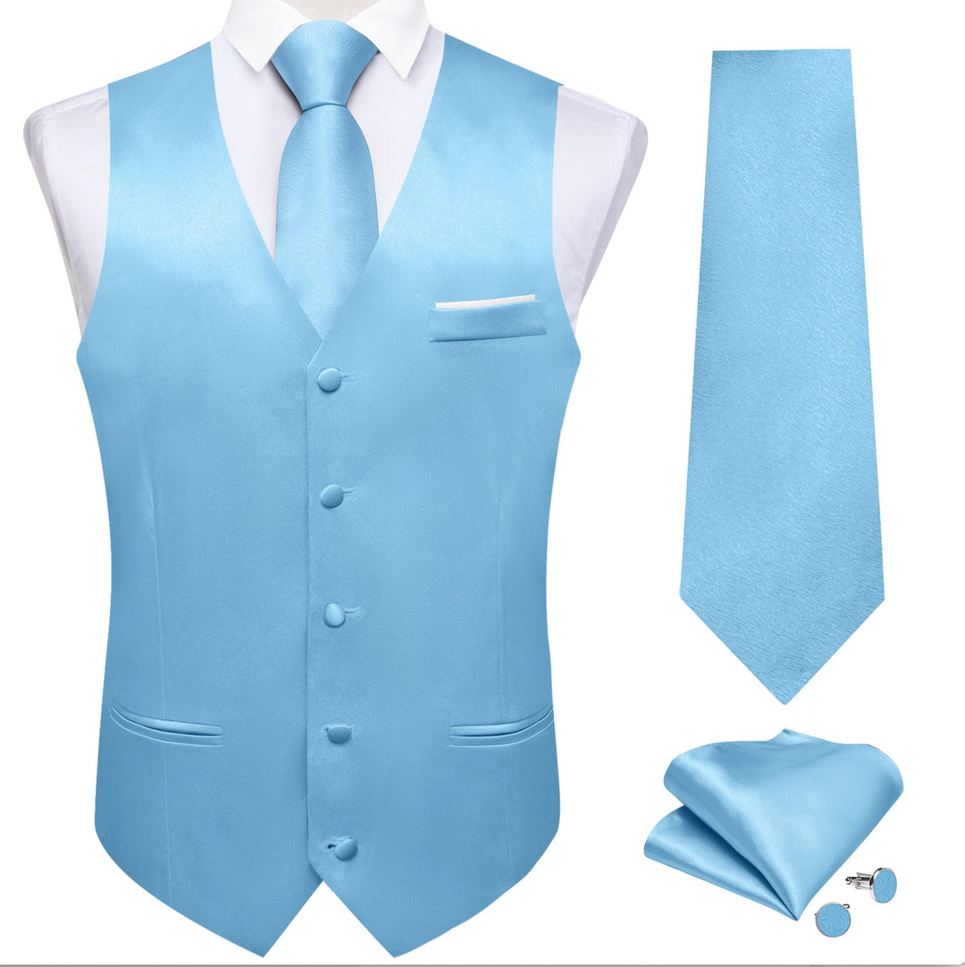 Sky Blue Solid Satin Waistcoat Vest Tie Handkerchief Cufflinks Set- MJ-0644 - SimonVon Shop