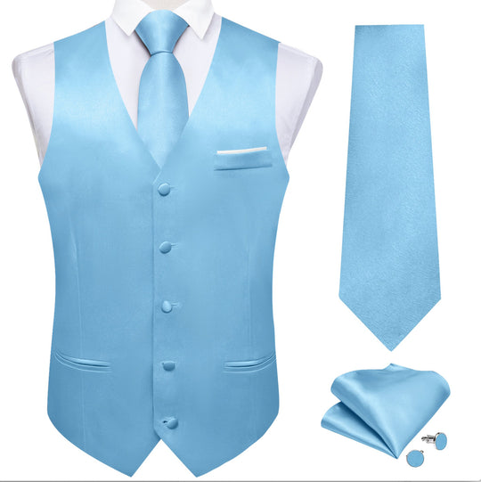 Sky Blue Solid Satin Waistcoat Vest Tie Handkerchief Cufflinks Set- MJ-0644 - SimonVon Shop