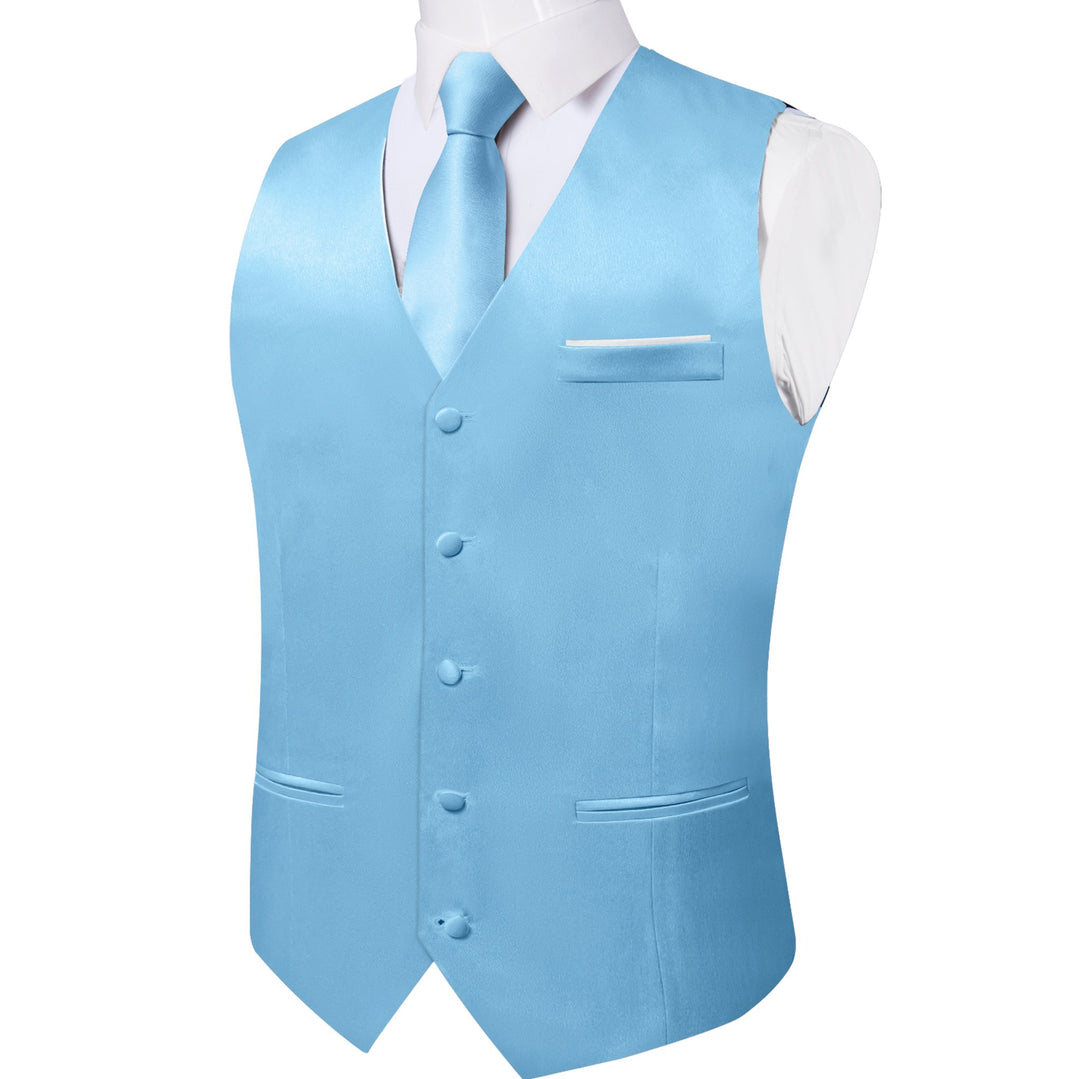 Sky Blue Solid Satin Waistcoat Vest Tie Handkerchief Cufflinks Set- MJ-0644 - SimonVon Shop