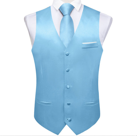 Sky Blue Solid Satin Waistcoat Vest Tie Handkerchief Cufflinks Set- MJ-0644 - SimonVon Shop