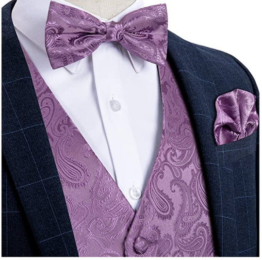 SLIVER PURPLE PAISLEY JACQUARD SILK WAISTCOAT VEST HANDKERCHIEF CUFFLINKS BOW-TIE VEST SET-MJ-0111 - SimonVon Shop