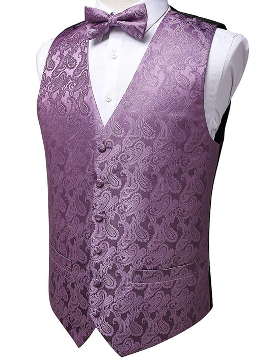 SLIVER PURPLE PAISLEY JACQUARD SILK WAISTCOAT VEST HANDKERCHIEF CUFFLINKS BOW-TIE VEST SET-MJ-0111 - SimonVon Shop