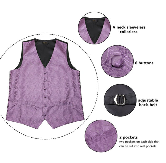 SLIVER PURPLE PAISLEY JACQUARD SILK WAISTCOAT VEST HANDKERCHIEF CUFFLINKS BOW-TIE VEST SET-MJ-0111 - SimonVon Shop