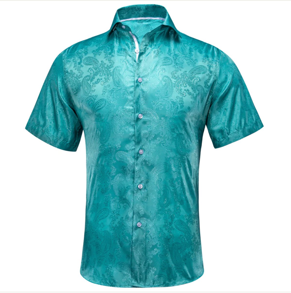 Teal Green Paisley Silk Men's Short Sleeve Shirt-CY-1461 - SimonVon Shop