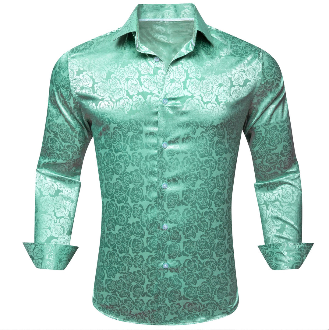 Turquoise Green Floral Silk Men's Shirt- CY-0674 - SimonVon Shop