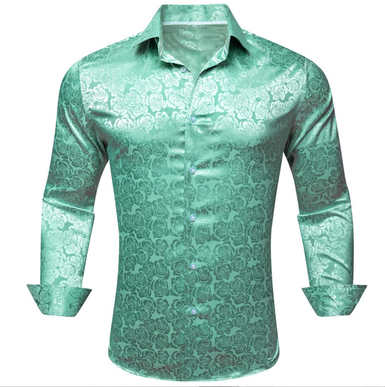 Turquoise Green Floral Silk Men's Shirt- CY-0674 - SimonVon Shop