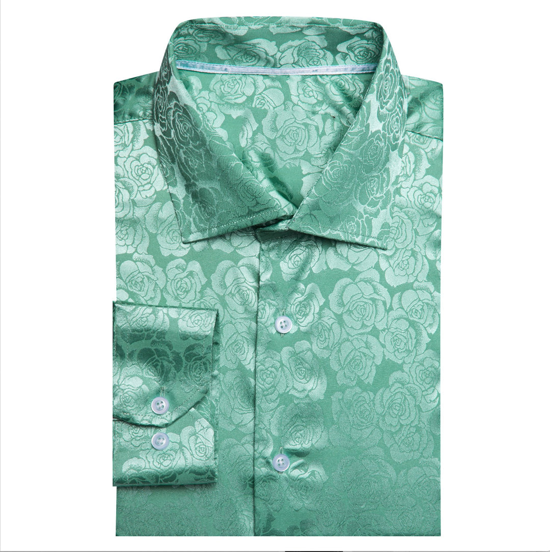 Turquoise Green Floral Silk Men's Shirt- CY-0674 - SimonVon Shop