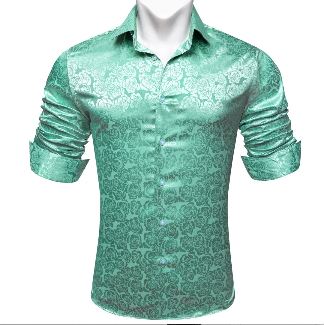 Turquoise Green Floral Silk Men's Shirt- CY-0674 - SimonVon Shop
